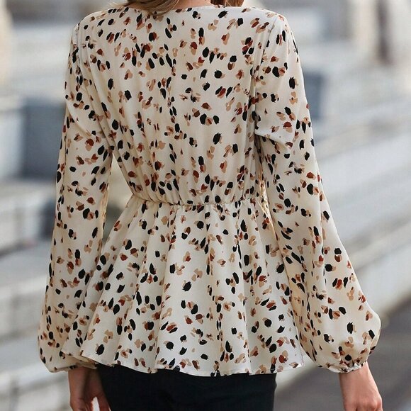 Apricot Casual Women's Allover Print Lantern Sleeve Belted Peplum Blouse - Picture 2 of 6